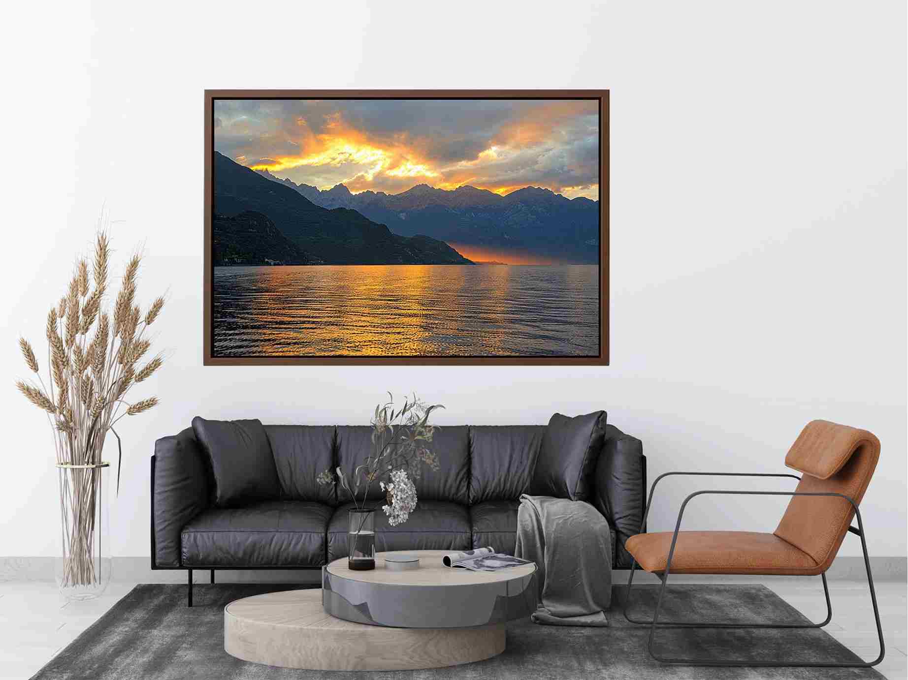 Sunset mountain lake photography for luxury wall decor.