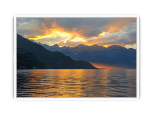 Sunset mountain lake photography for luxury wall decor.