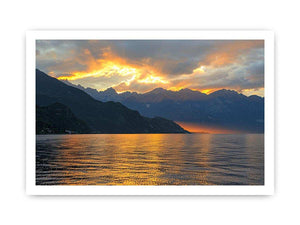 Sunset mountain lake photography for luxury wall decor.