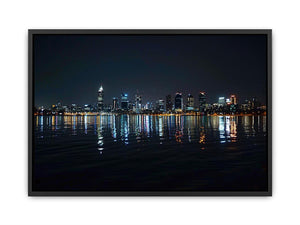 Night city skyline artwork with reflections for modern office decor.