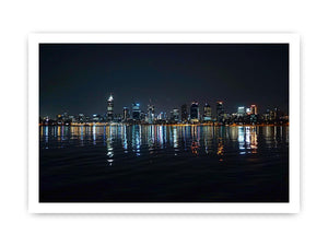 Night city skyline artwork with reflections for modern office decor.