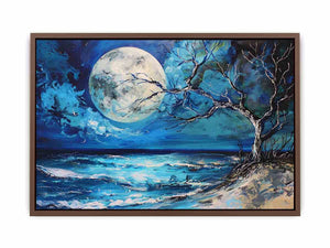 Moonlit ocean artwork for calming bedroom decor.