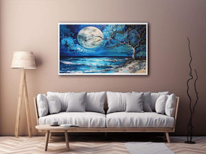 Moonlit ocean artwork for calming bedroom decor.