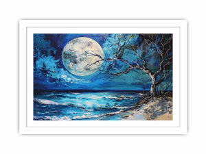 Moonlit ocean artwork for calming bedroom decor.