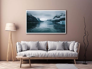 Glacier fjord photography artwork for modern office decor.
