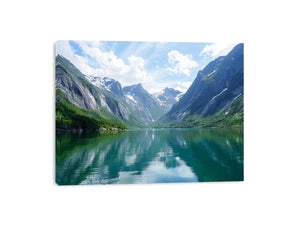 Mountain fjord landscape photography with reflective lake for modern living room decor