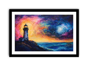 Coastal lighthouse canvas art with moonlit ocean and dramatic sunset sky for living room decor.