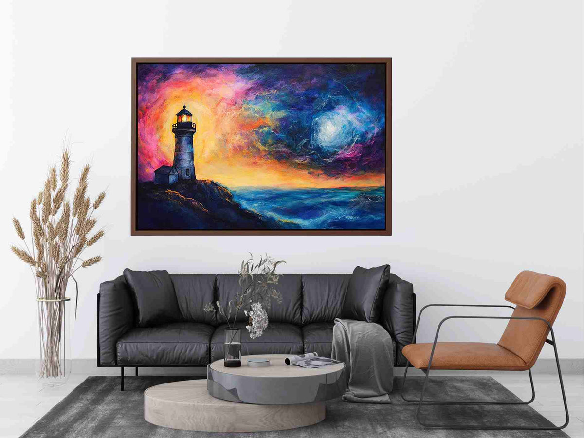 Coastal lighthouse canvas art with moonlit ocean and dramatic sunset sky for living room decor.