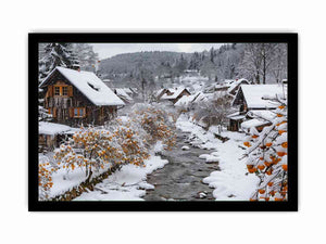 Snowy village creek photography for cozy farmhouse living room decor