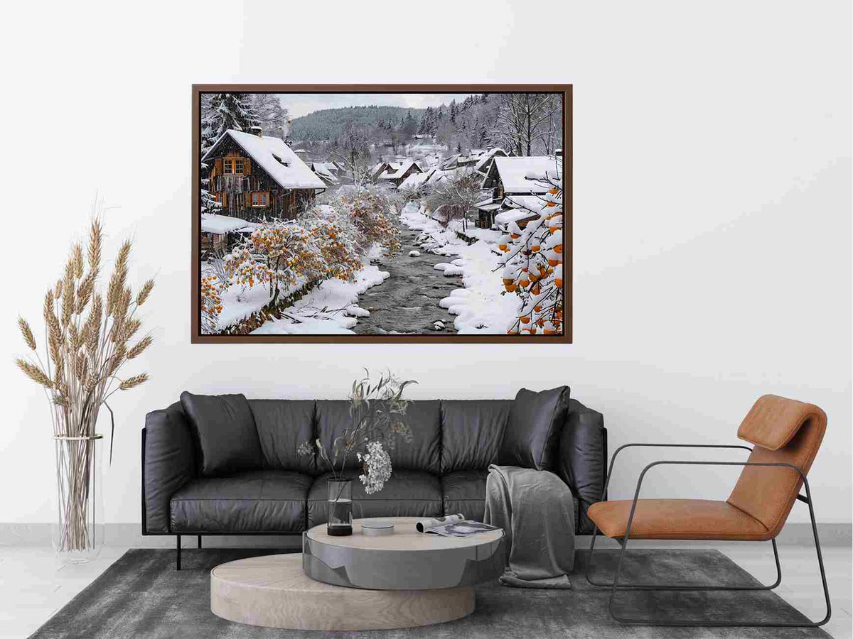 Snowy village creek photography for cozy farmhouse living room decor