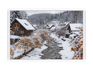 Snowy village creek photography for cozy farmhouse living room decor