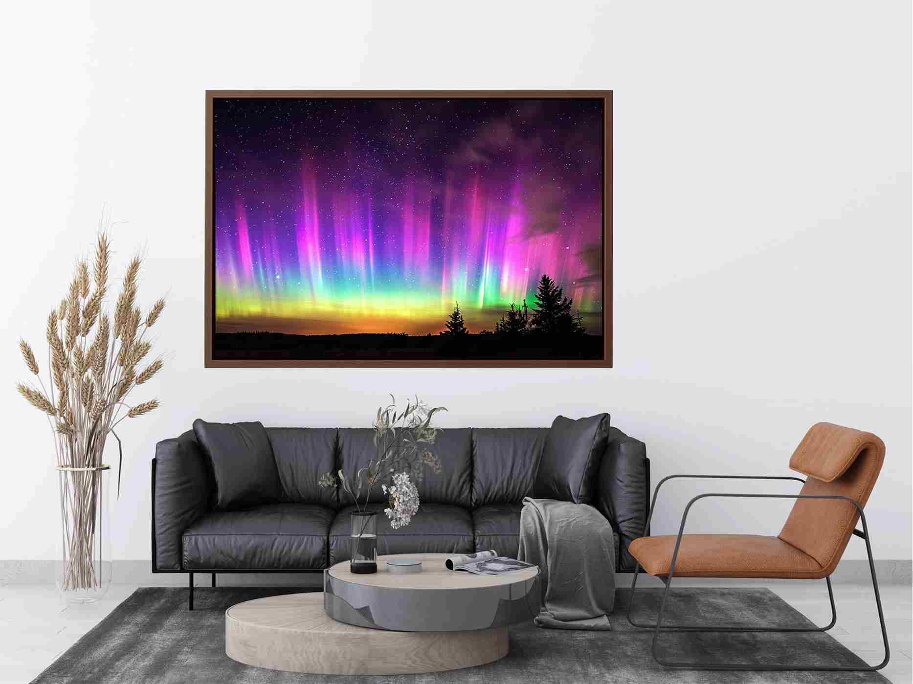 Northern lights landscape photography for modern bedroom wall decor
