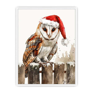Festive owl illustration with Santa hat for nursery wall decor