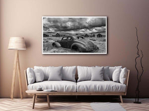 Vintage abandoned car photography for rustic office wall decor