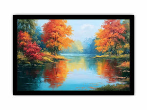 Autumn lake reflection canvas art with orange trees for peaceful living room decor.
