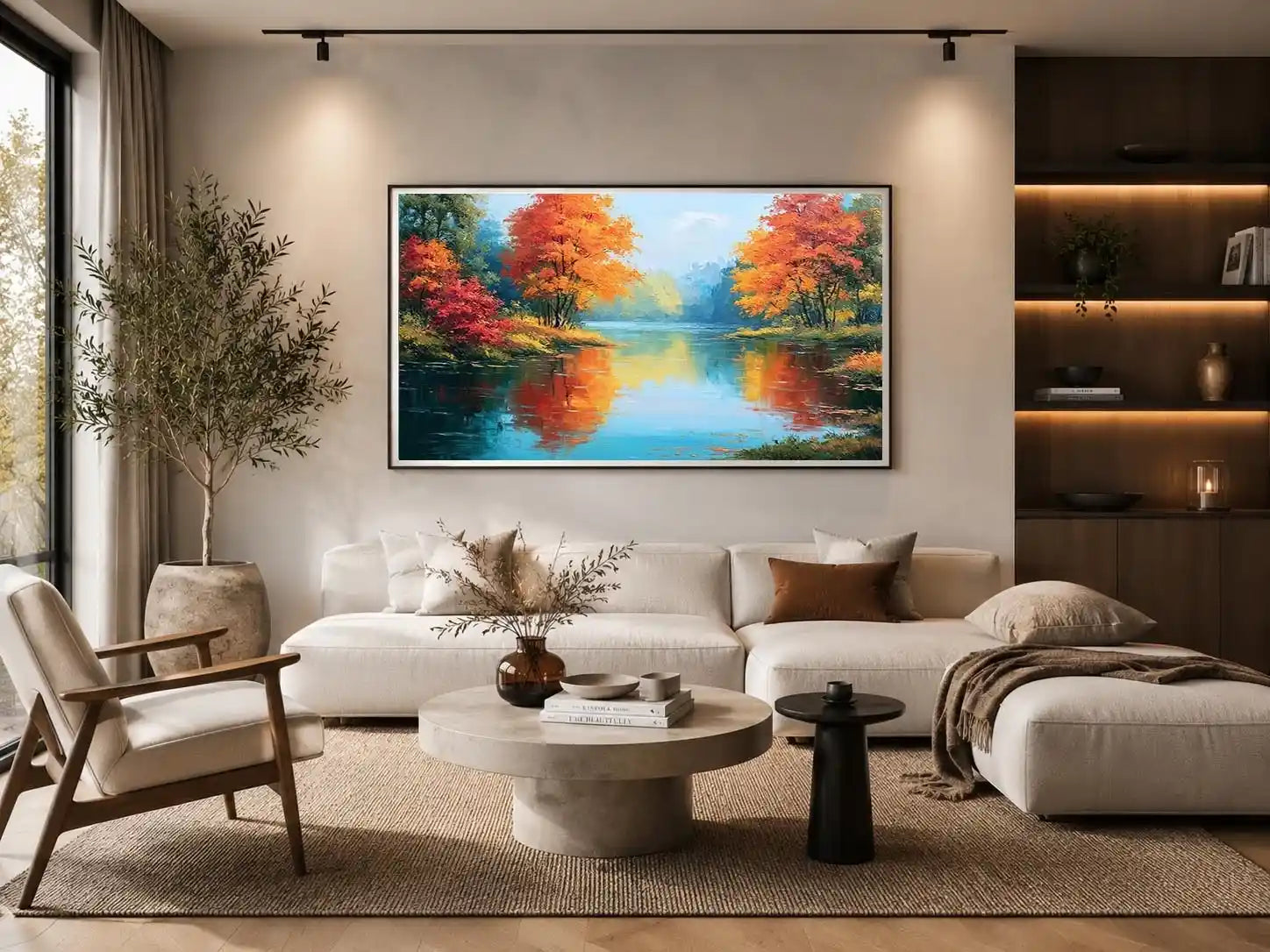 Autumn lake reflection canvas art with orange trees for peaceful living room decor.