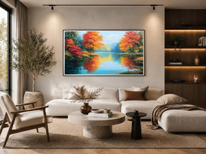 Autumn lake reflection canvas art with orange trees for peaceful living room decor.