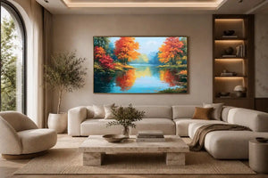 Autumn lake reflection canvas art with orange trees for peaceful living room decor.