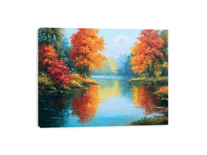 Autumn lake reflection canvas art with orange trees for peaceful living room decor.