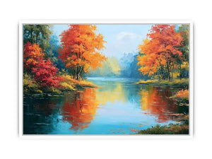 Autumn lake reflection canvas art with orange trees for peaceful living room decor.