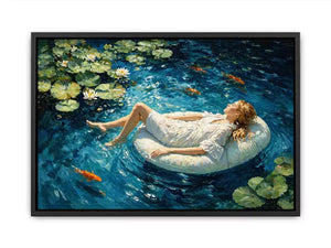 woman floating water painting, serene blue water wall art, dreamlike pond canvas artwork, modern impressionist woman art