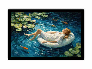 woman floating water painting, serene blue water wall art, dreamlike pond canvas artwork, modern impressionist woman art