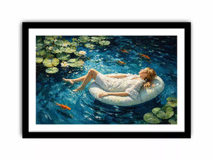 woman floating water painting, serene blue water wall art, dreamlike pond canvas artwork, modern impressionist woman art