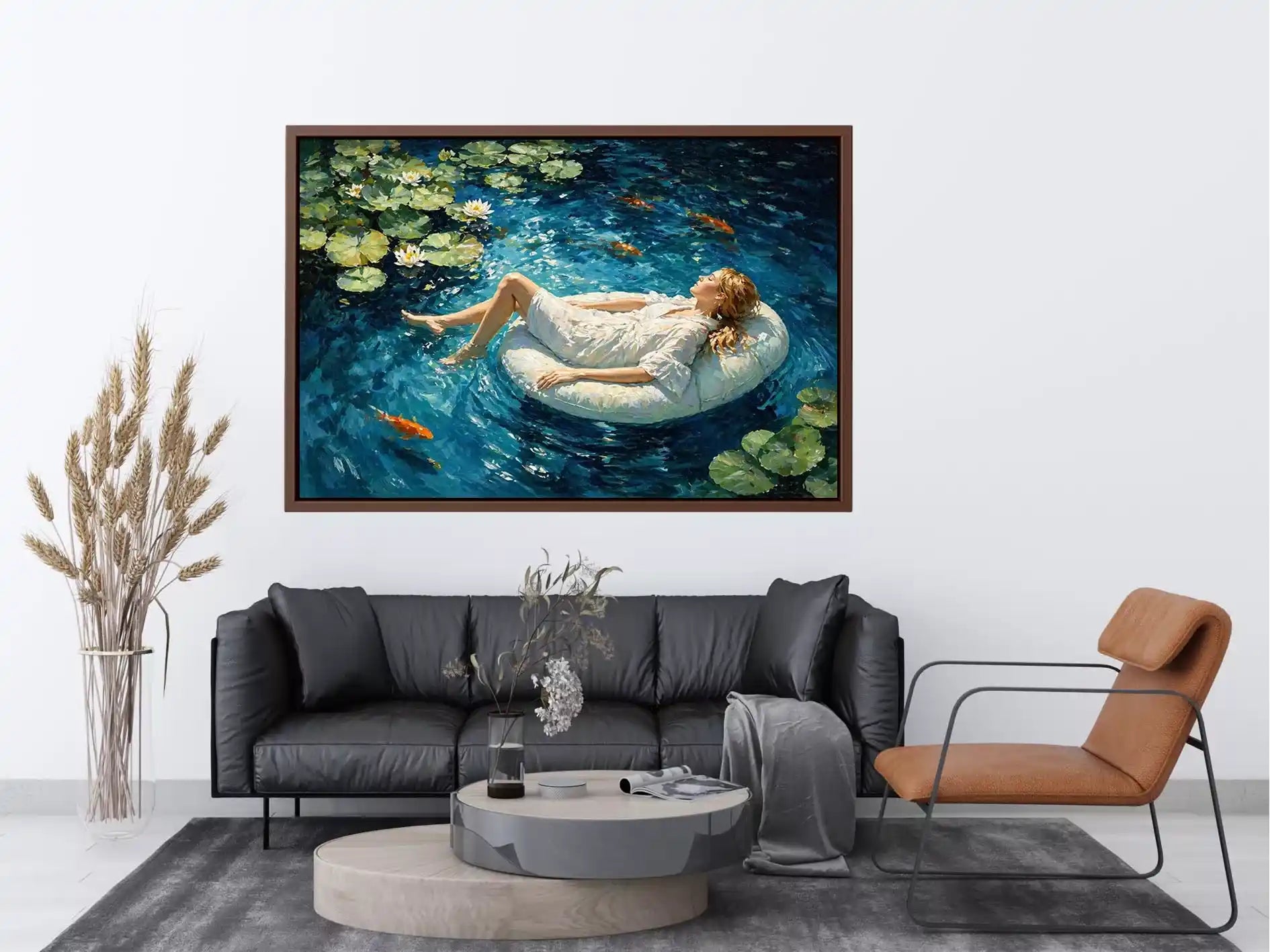 woman floating water painting, serene blue water wall art, dreamlike pond canvas artwork, modern impressionist woman art