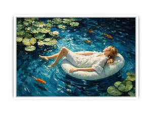 woman floating water painting, serene blue water wall art, dreamlike pond canvas artwork, modern impressionist woman art