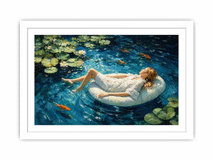 woman floating water painting, serene blue water wall art, dreamlike pond canvas artwork, modern impressionist woman art