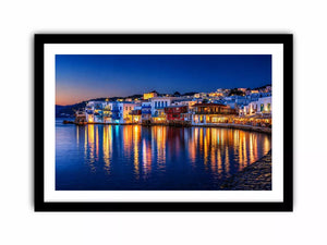mediterranean coastal town night, harbor reflections wall art, blue hour seaside canvas, santorini style night painting