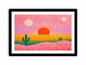 abstract desert sunset painting, pastel cactus wall art, modern colorful desert canvas, textured sunset abstract art
