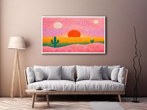 abstract desert sunset painting, pastel cactus wall art, modern colorful desert canvas, textured sunset abstract art