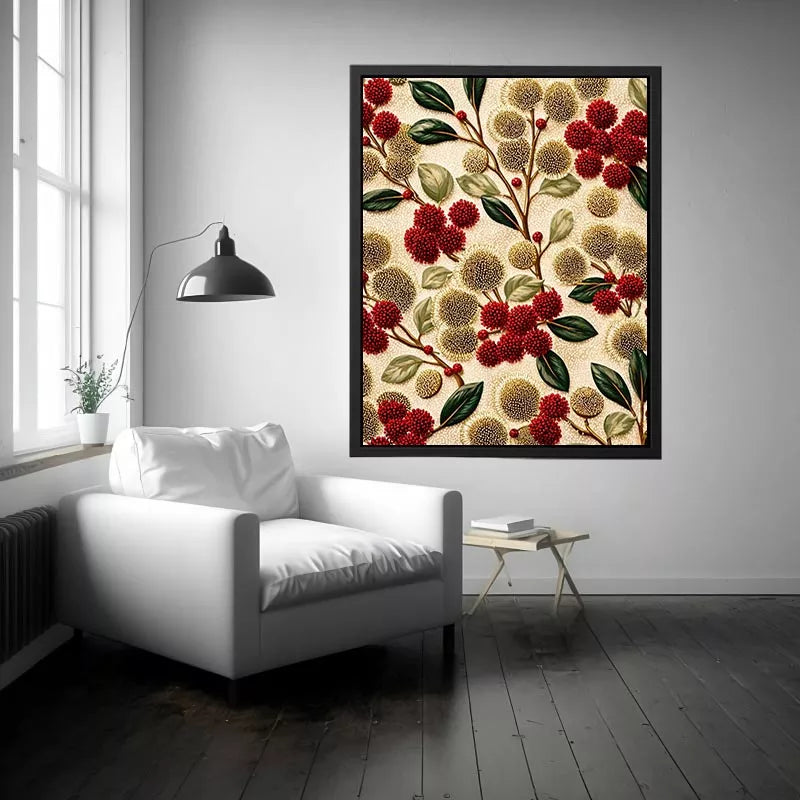 botanical floral pattern wall art, red flower luxury canvas, vintage floral print design, elegant botanical decor artwork