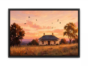 rustic cottage sunset painting, countryside landscape wall art, farmhouse sunset canvas, minimalist rural home artwork
