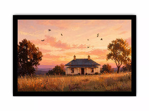 rustic cottage sunset painting, countryside landscape wall art, farmhouse sunset canvas, minimalist rural home artwork