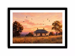 rustic cottage sunset painting, countryside landscape wall art, farmhouse sunset canvas, minimalist rural home artwork