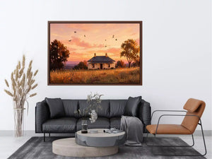 rustic cottage sunset painting, countryside landscape wall art, farmhouse sunset canvas, minimalist rural home artwork