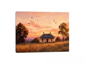 rustic cottage sunset painting, countryside landscape wall art, farmhouse sunset canvas, minimalist rural home artwork