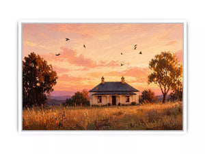 rustic cottage sunset painting, countryside landscape wall art, farmhouse sunset canvas, minimalist rural home artwork