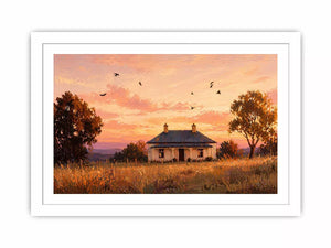rustic cottage sunset painting, countryside landscape wall art, farmhouse sunset canvas, minimalist rural home artwork