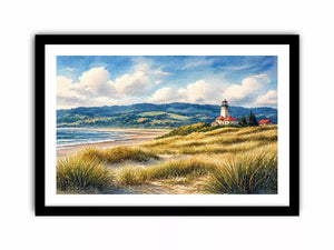 lighthouse watercolor landscape, coastal nature wall art, serene seaside painting, beach grass lighthouse canvas