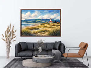 lighthouse watercolor landscape, coastal nature wall art, serene seaside painting, beach grass lighthouse canvas