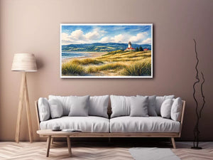 lighthouse watercolor landscape, coastal nature wall art, serene seaside painting, beach grass lighthouse canvas