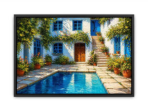 mediterranean courtyard painting, villa pool wall art, coastal european house canvas, sunny courtyard artwork