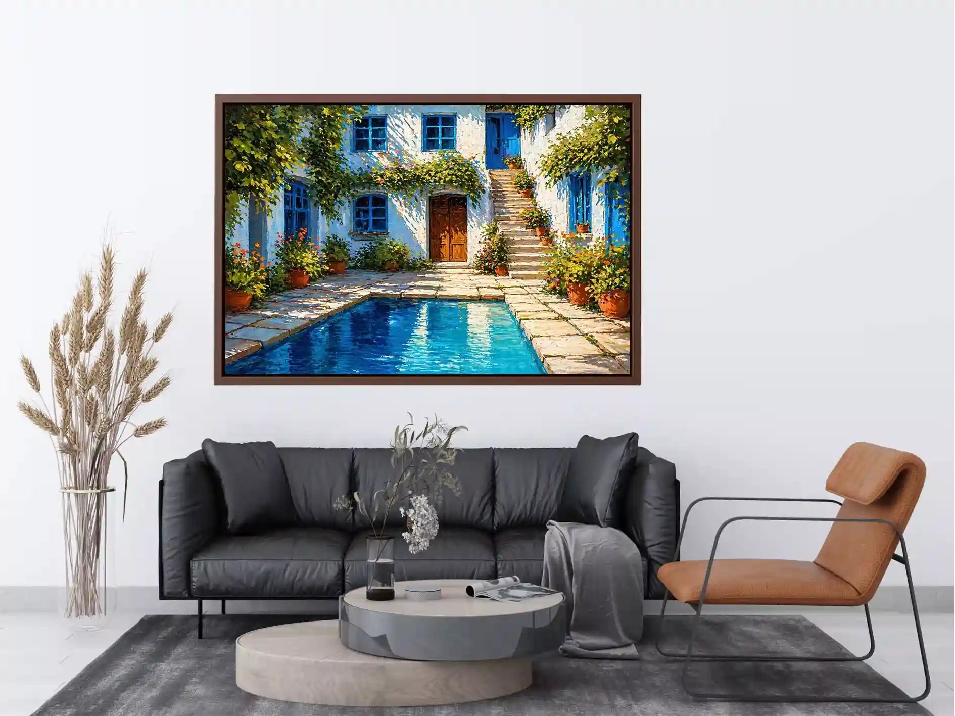mediterranean courtyard painting, villa pool wall art, coastal european house canvas, sunny courtyard artwork