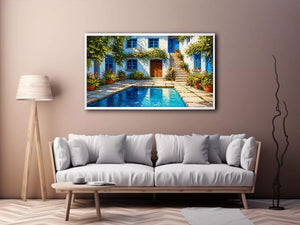 mediterranean courtyard painting, villa pool wall art, coastal european house canvas, sunny courtyard artwork