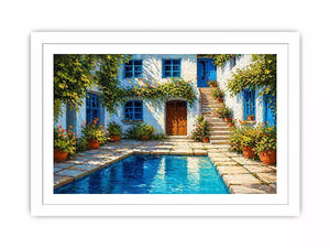 mediterranean courtyard painting, villa pool wall art, coastal european house canvas, sunny courtyard artwork