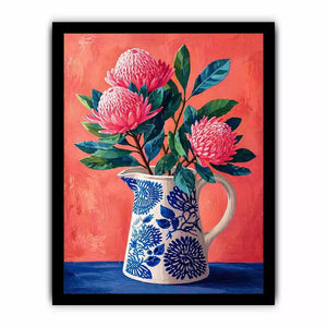 floral vase wall art canvas, pink flower botanical painting, modern still life artwork, blue ceramic vase art