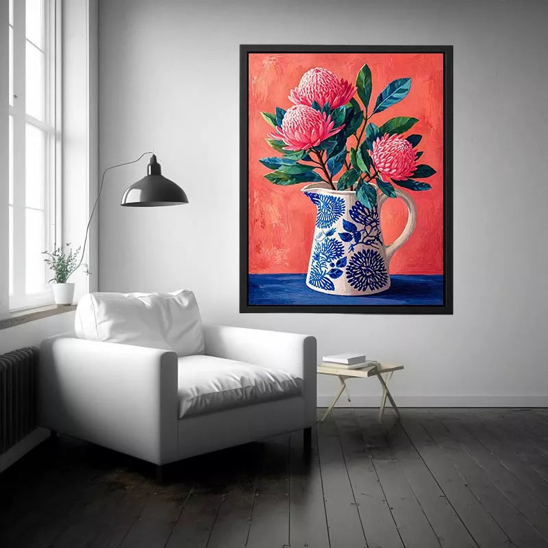 floral vase wall art canvas, pink flower botanical painting, modern still life artwork, blue ceramic vase art